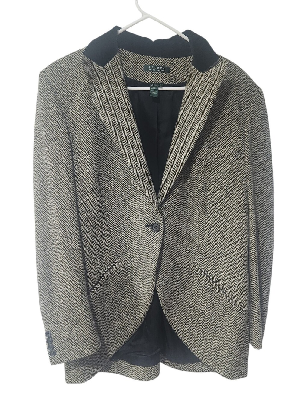 Lauren Ralph Lauren Herringbone Wool Tweed Blazer Jacket Velvet Collar Size 16